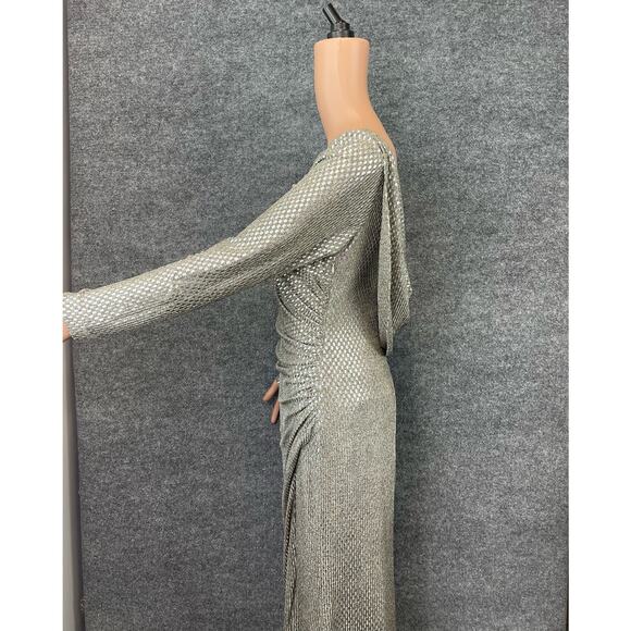 Eliza J Women's Sz 10 Silver Champagne Metallic Long Sleeve Draped Back Rushed. - Picture 9 of 12